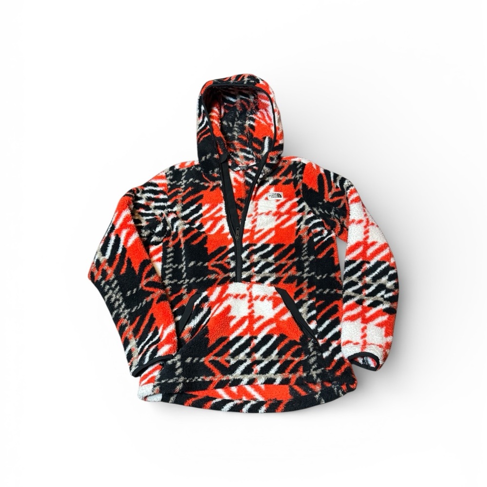 The North Face Kids Cabin Fleece Pullover Hoodie Red Black Plaid Size XL 14-16